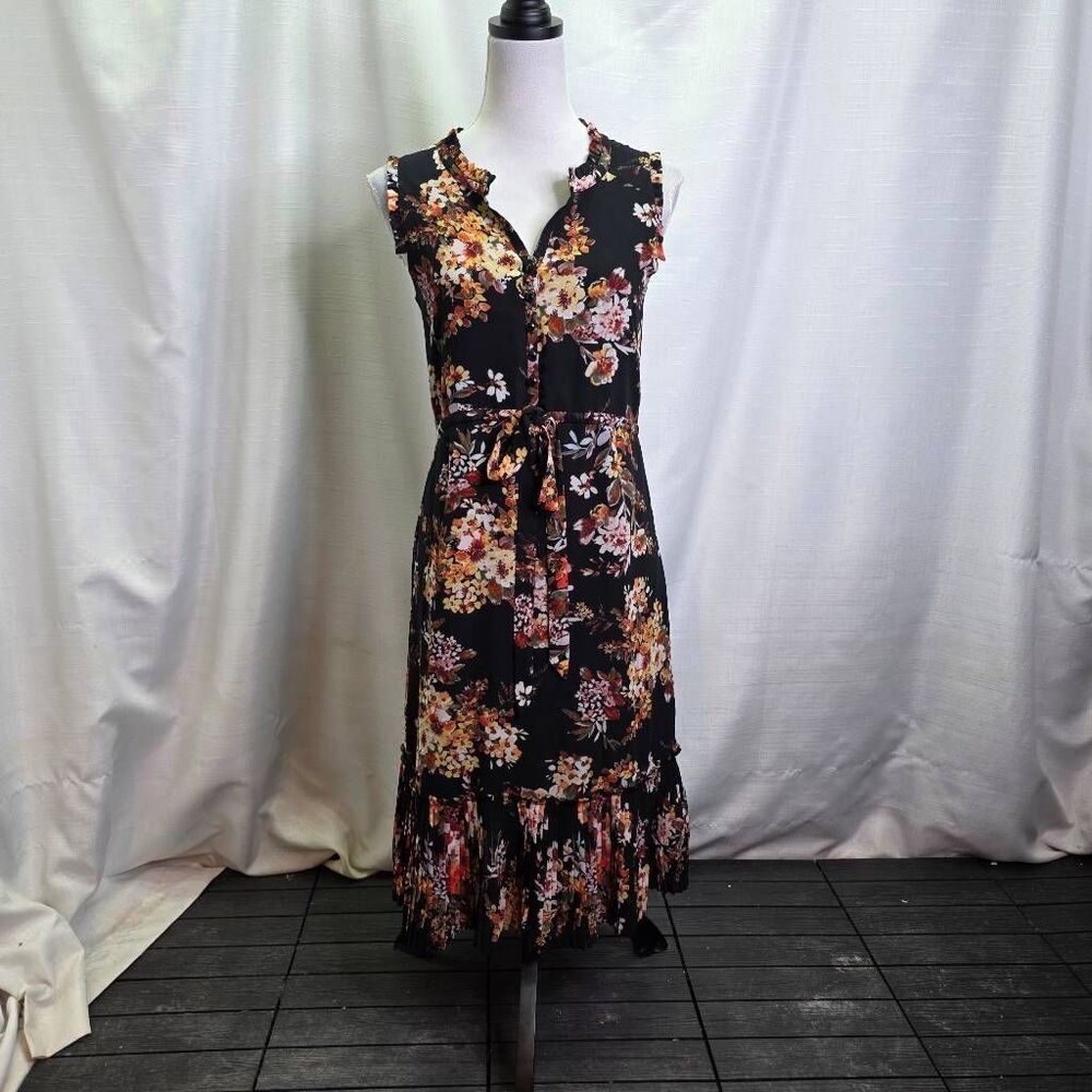 A New Day Black Floral Sleeveless Belted Midi Dress Size XS